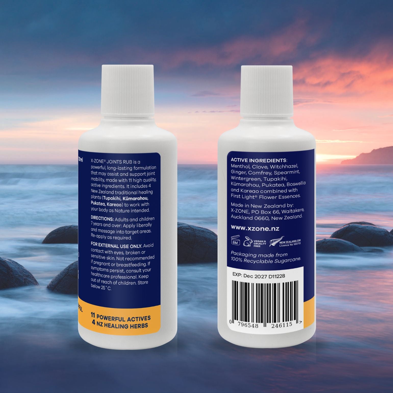 X-ZONE Joints Bottle Back and Side Labels New Zealand Ocean Boulders Sunset