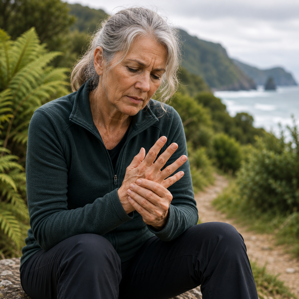 An older woman with gray hair sits outdoors on a path near greenery and the ocean, holding and examining her hand. She wears a dark teal quarter-zip fleece and dark pants.