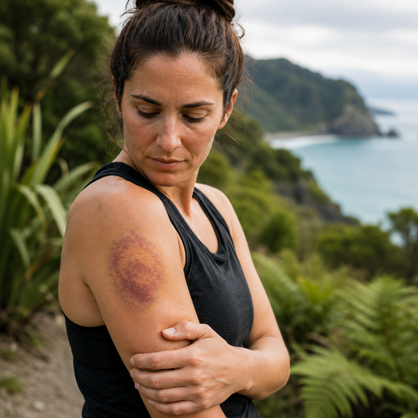 A woman outdoors on a trail with a coastal landscape in the background, holding her upper arm where a large bruised area is visible on her shoulder.