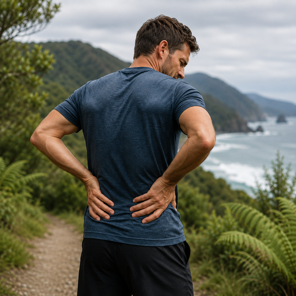 A man standing outdoors on a trail with his back to the camera, wearing a dark heathered blue athletic t-shirt and black shorts, holding his lower back in a forested coastal setting.