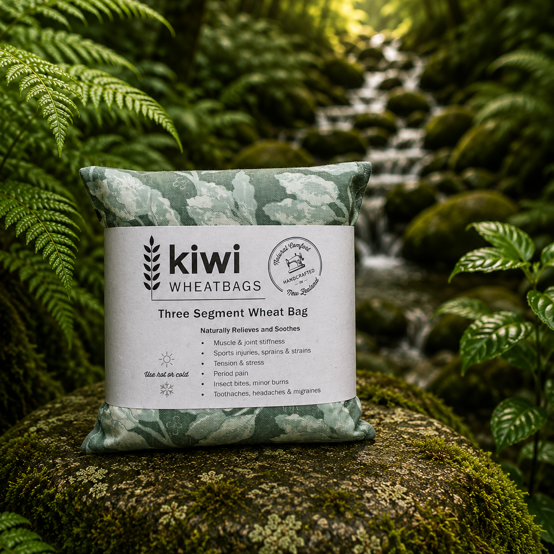 A kiwi wheat bag standing upright on a mossy log beside a flowing stream, surrounded by lush green ferns. The package has a white label with black text and a pale greenish-gray patterned top and bottom.