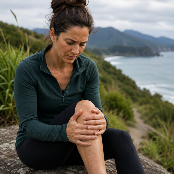 A woman sitting on a rock outdoors, holding her knee with a distressed expression. She is wearing a dark green long-sleeve quarter-zip athletic top and black leggings, with a grassy hillside, ocean, and mountains in the background.