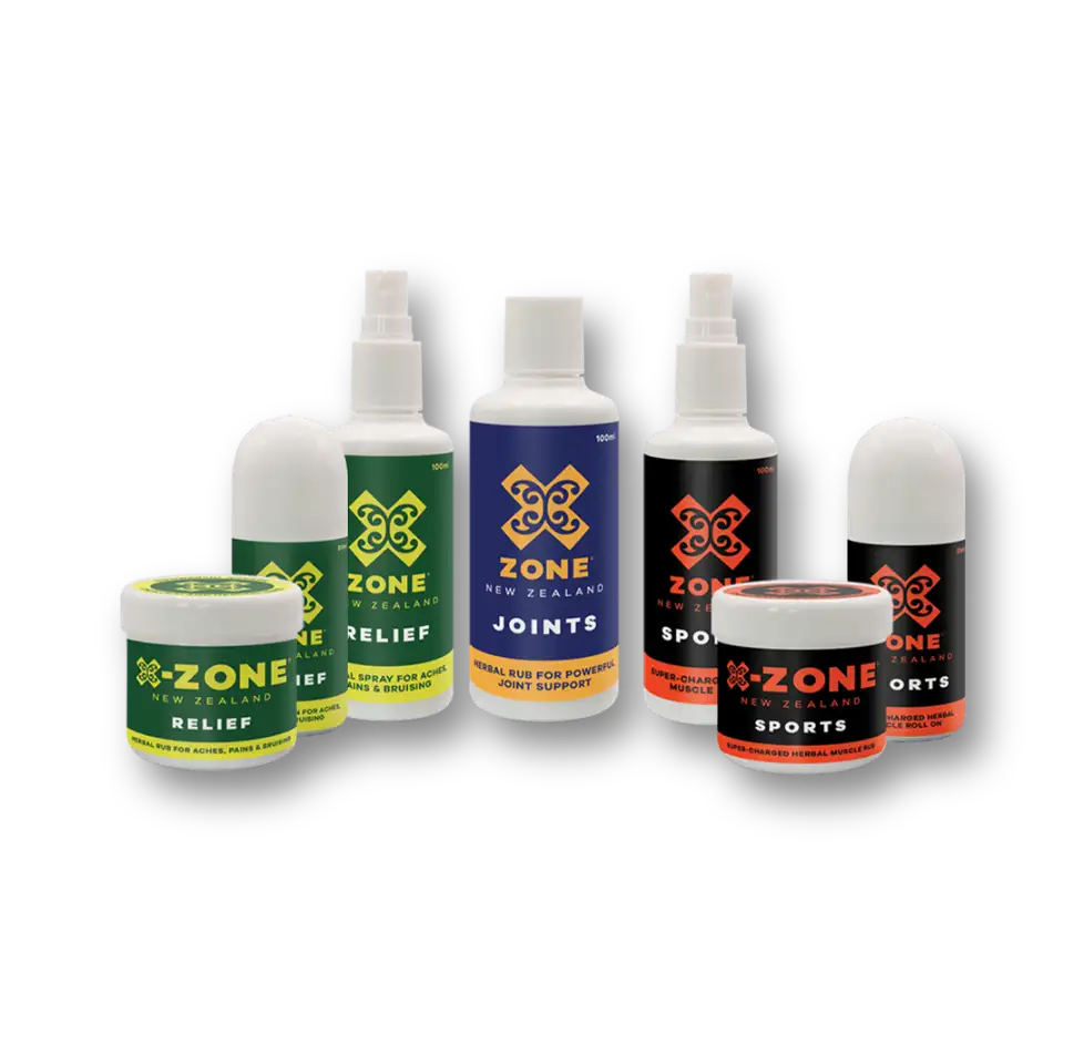 The image displays a collection of zone new zealand herbal relief products, including spray bottles and jars in green, blue, black, and orange with white caps.