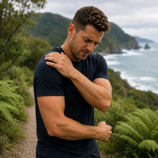 A muscular man wearing a dark navy blue t-shirt stands on a path in a lush green coastal area, holding his shoulder in a pose that suggests discomfort or pain.