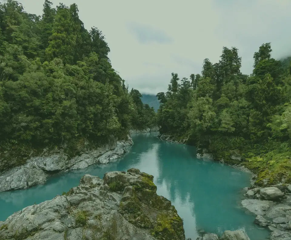 A serene turquoise river winds through a lush, green forested valley with rocky banks.
