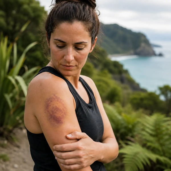 A woman outdoors on a trail with a coastal landscape in the background, holding her upper arm where a large bruised area is visible on her shoulder.
